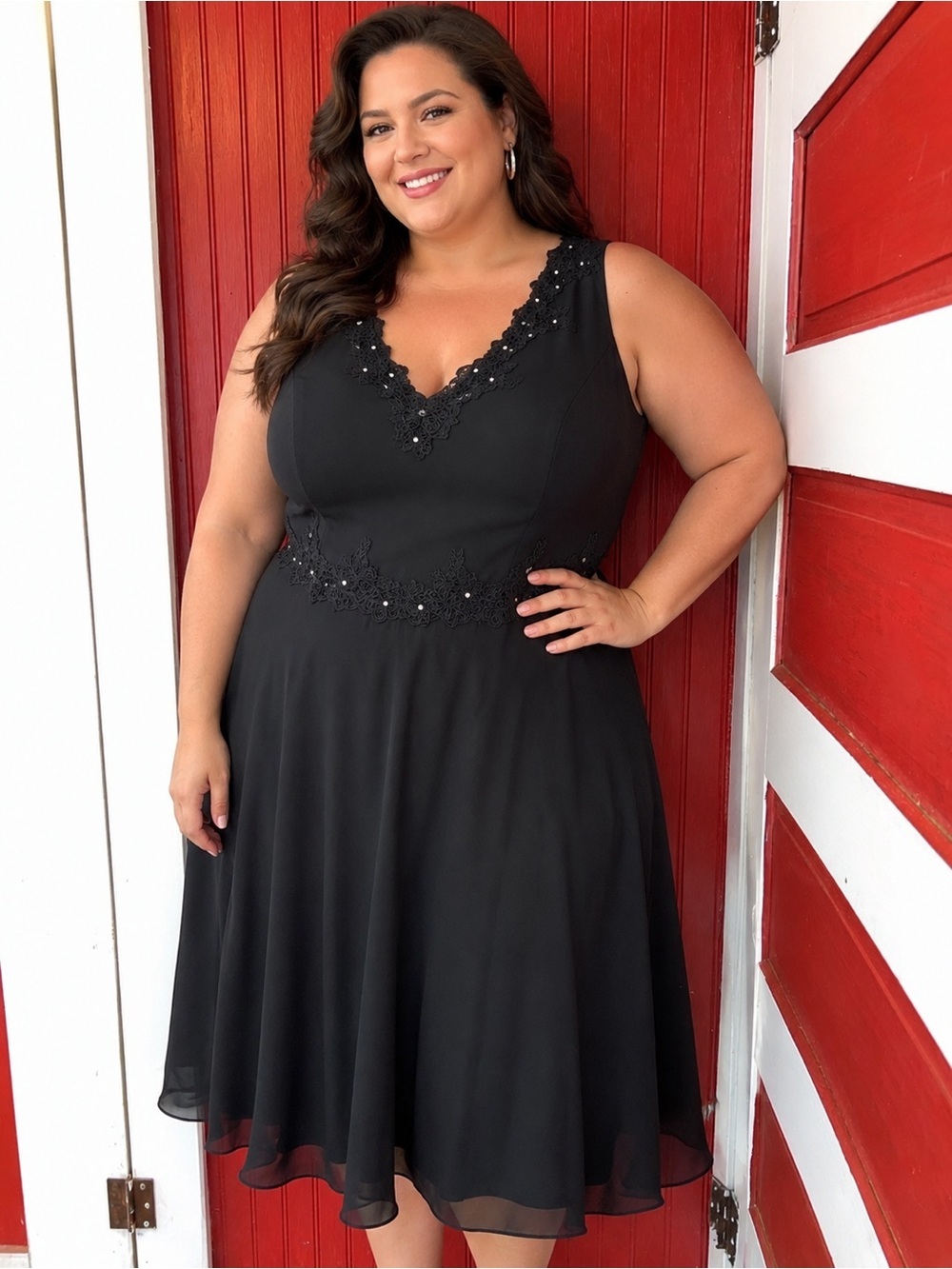 Black Women's V-Neck Embroidered Cocktail Dress 18W